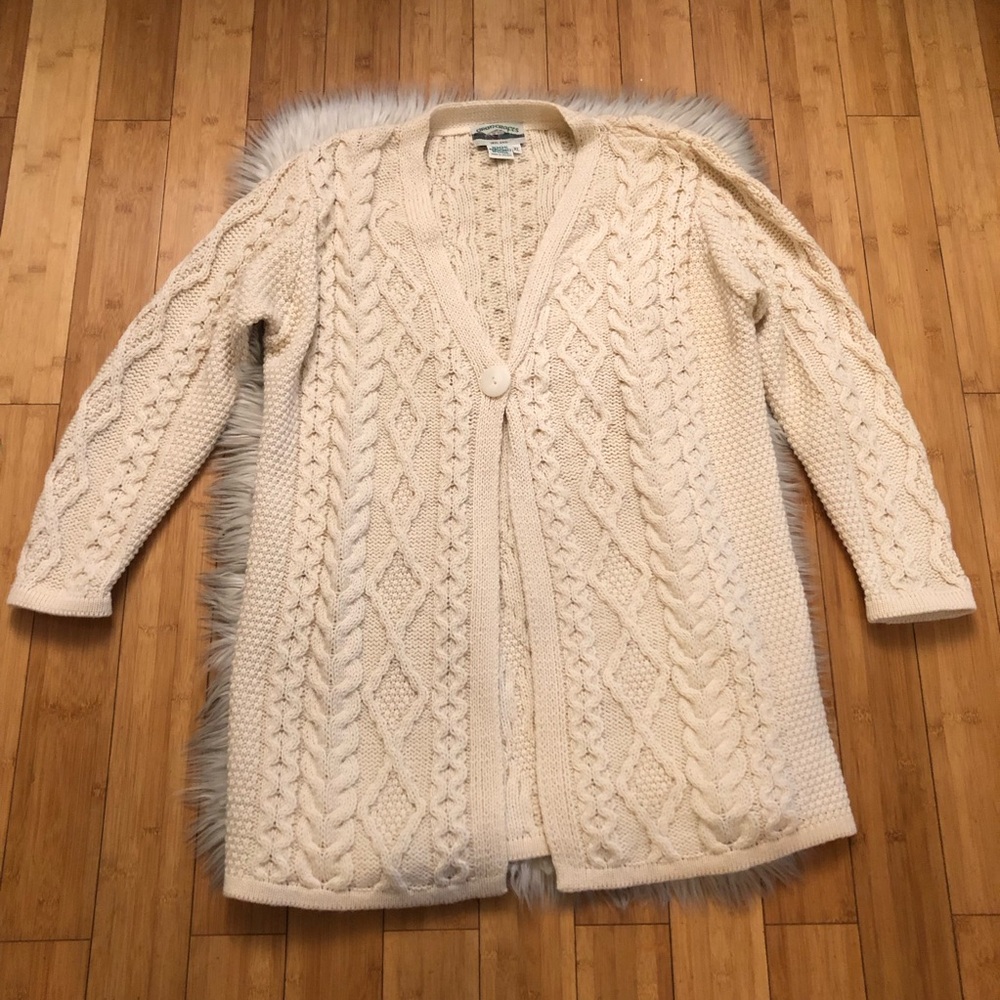 Aran Crafts Ireland Merino Wool Cable Knit One Button Cream Cardigan Sweater XL